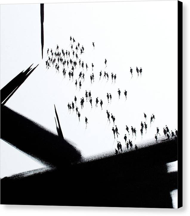 A black edged canvas print with expressive architectonic black imagery juxtaposed with figurative crowd of people. All black on white.