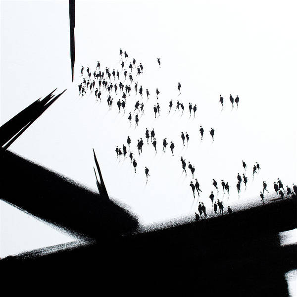 Muster Point. An expressive art print inspired by the abstract work of Franz Kline juxtaposed with a figurative crowd of people. Black on a white ground.