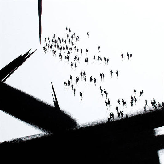 Muster Point. An expressive art print inspired by the abstract work of Franz Kline juxtaposed with a figurative crowd of people. Black on a white ground.