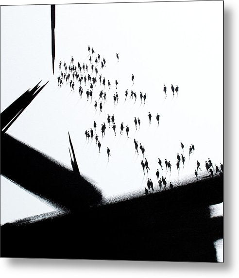 Muster Point is an alarmingly striking black on white architectural print on metal featuring expressive abstract brushwork combined with figurative crowd of people in the white background.