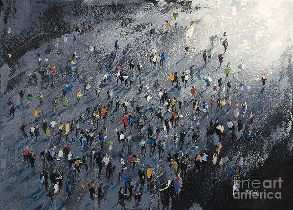 On the way to school artwork on paper. A moody artwork featuring a birds eye view of lots of school kids on a grey background. Remembering the bad old days of the long treks to school on cold winter mornings.