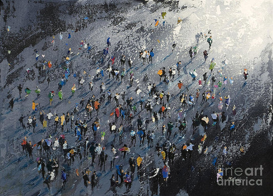 On the way to school artwork on paper. A moody artwork featuring a birds eye view of lots of school kids on a grey background. Remembering the bad old days of the long treks to school on cold winter mornings.