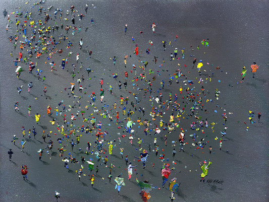 A colourful school of children out to play on the contrasting grey tarmac ground. Another art print on paper from the studio of British visual artist Neil McBride. An ideal storytelling teaching aid. © Neil McBride 2025