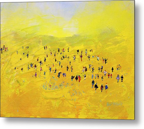 A joyfully yellow coloured prairie landscape print on metal featuring a crowd of people enjoying the sunshine.