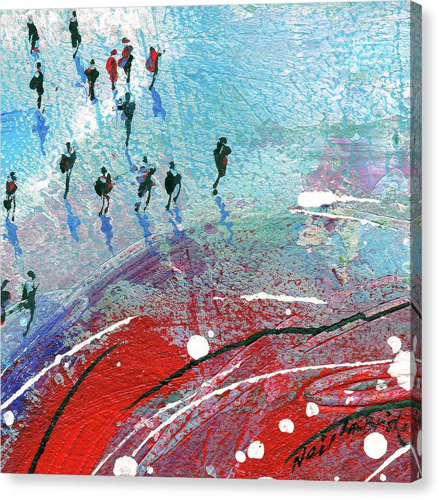 You don't have to take your clothes off to have a good time with these art canvas prints. A small crowd of people enjoy a stroll on a predominantly red and blue and aqua beach.  © Neil McBride 2025