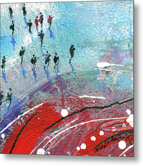 Red Sands Ramble is a beach artwork on canvas. The artwork features a group of people on a red sandy beach at the ebbing tide. Copyright Neil McBride 2023
