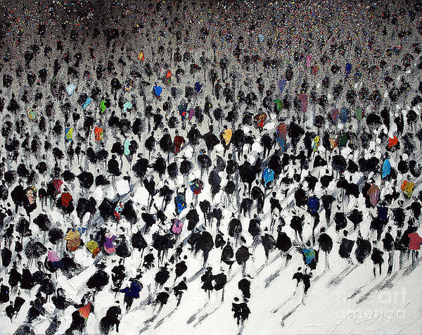 Paper Prints like this Rush Hour crowd of people artwork are reproduced as art prints on paper © Neil McBride 2019