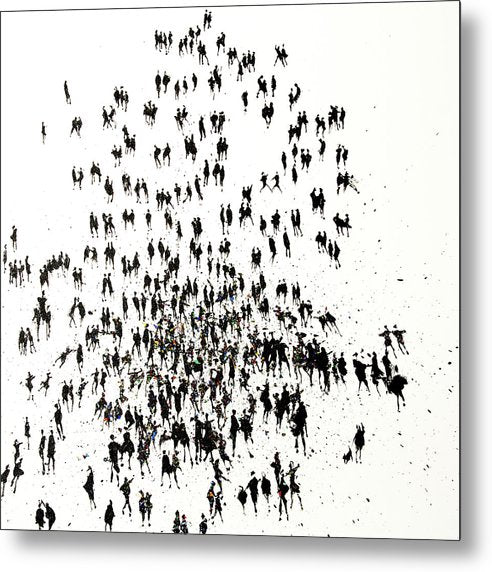 A Spot of Bother art crowd prints on metal by Neil McBride. Black on white figures with a subtle splash of coloured flecks.
