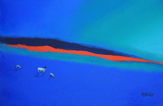 Sheep art prints titled Three Blues and a Red from an original painting © Neil McBride 2018