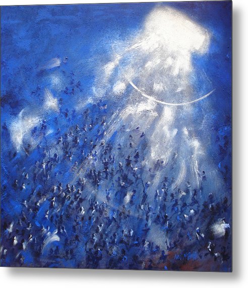 Trance is a blue coloured art print on metal print featuring a crowd of kids at a music gig © Neil McBride 2023