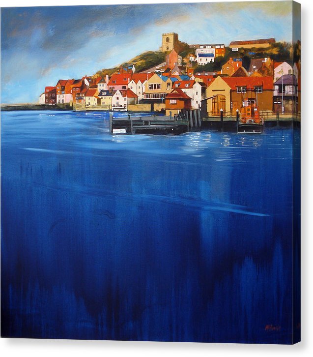 Whitby inspired canvas prints featuring deep blue sea and honey coloured cottages witg terracotta coloured roofs.  © Neil McBride 2023