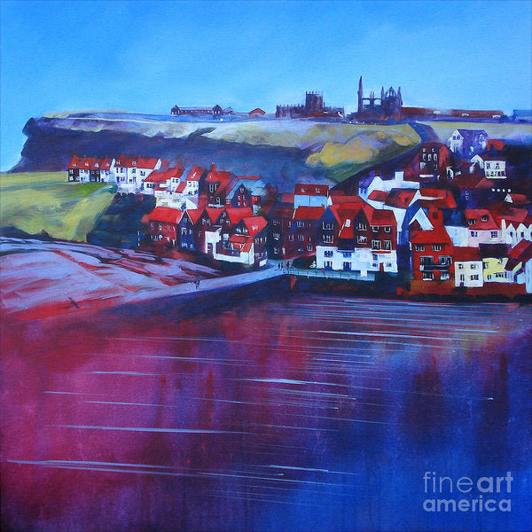 Whitby Smokehouses in the old town beyond the harbour with Whitby Abbey in the distance. Art Prints © Neil McBride 2019