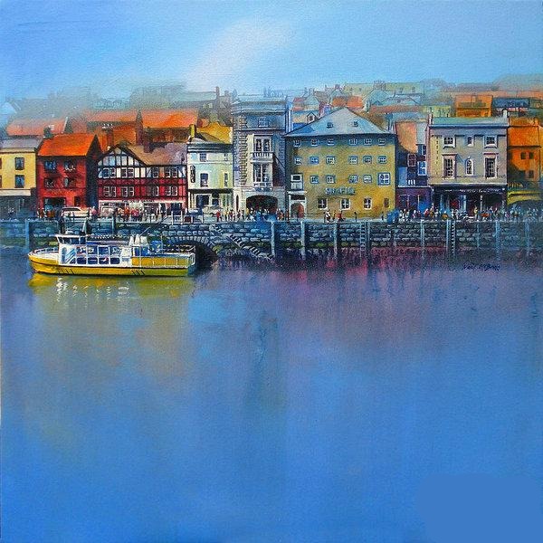 Still blue waters lap the walls of Whitby St Anne's Staith in this Art Print on acid-free paper by © Neil McBride 2023