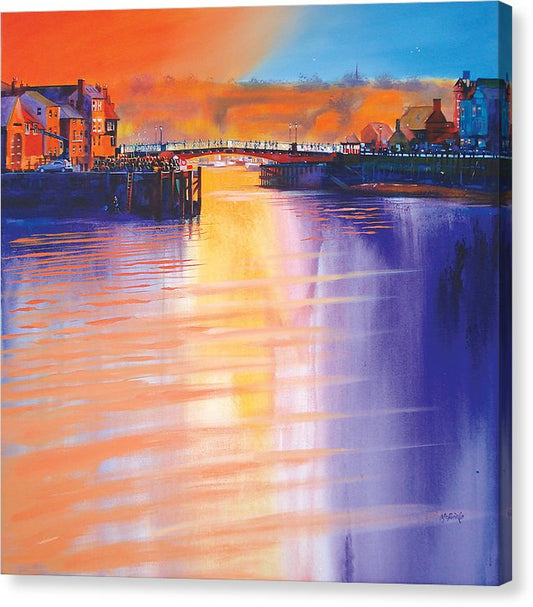 The contrasting colours of blue and orange, purple and yellow are what make this Whitby Swing Bridge art so special. © Neil McBride 2023