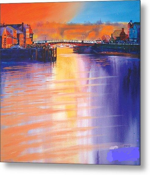 Whitby Swing Bridge artwork in contrasting colours of orange, blue, purple and yellow on a Metal Print © Neil McBride 2023